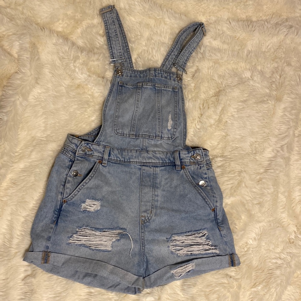 H&M Light Blue Distressed Denim Overall Shorts